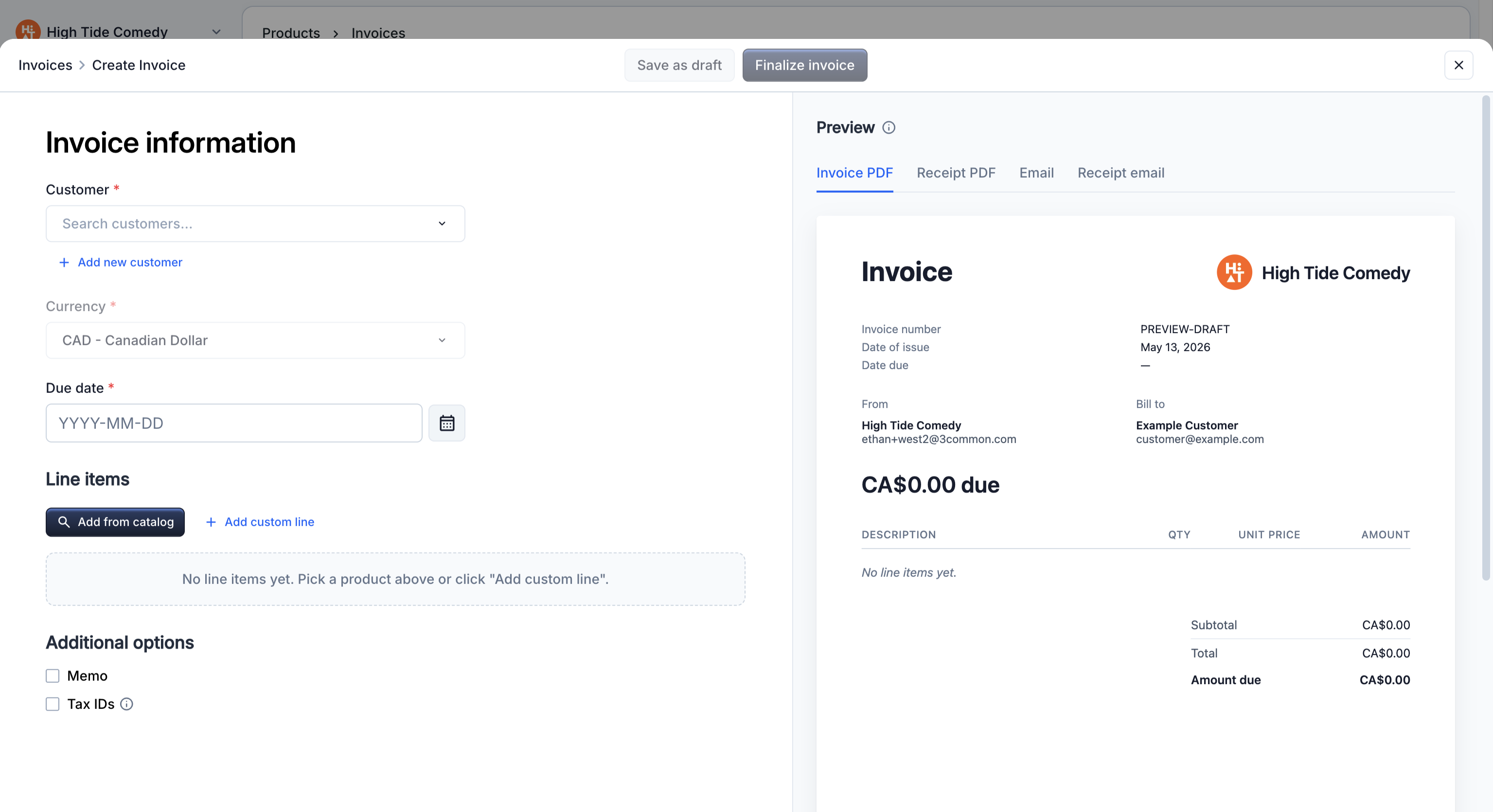 The create-invoice drawer, empty