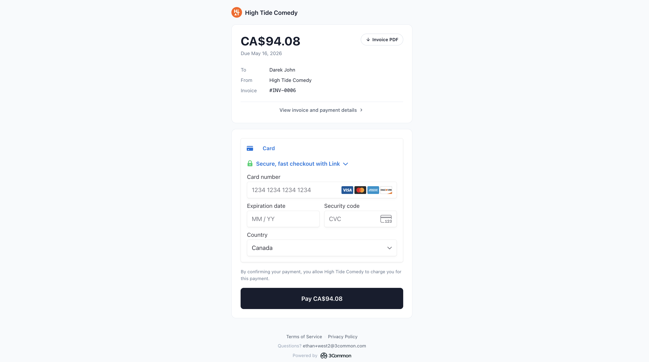 Customer payment page, unpaid
