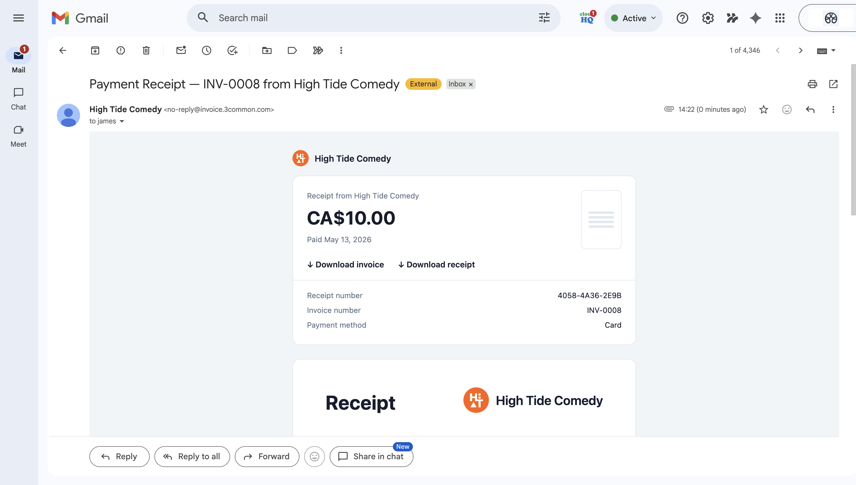 Customer receipt email