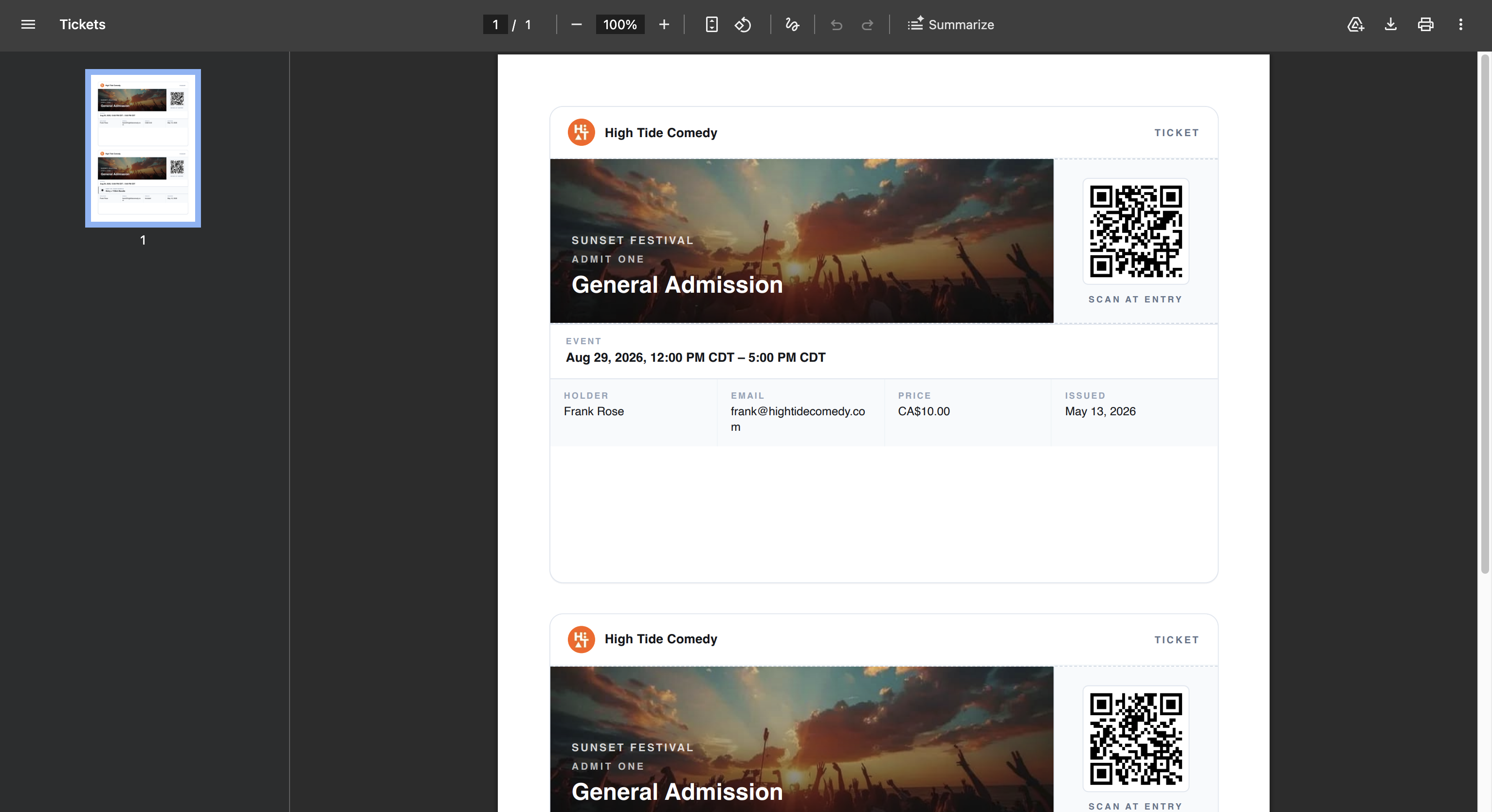 A single ticket card from the PDF