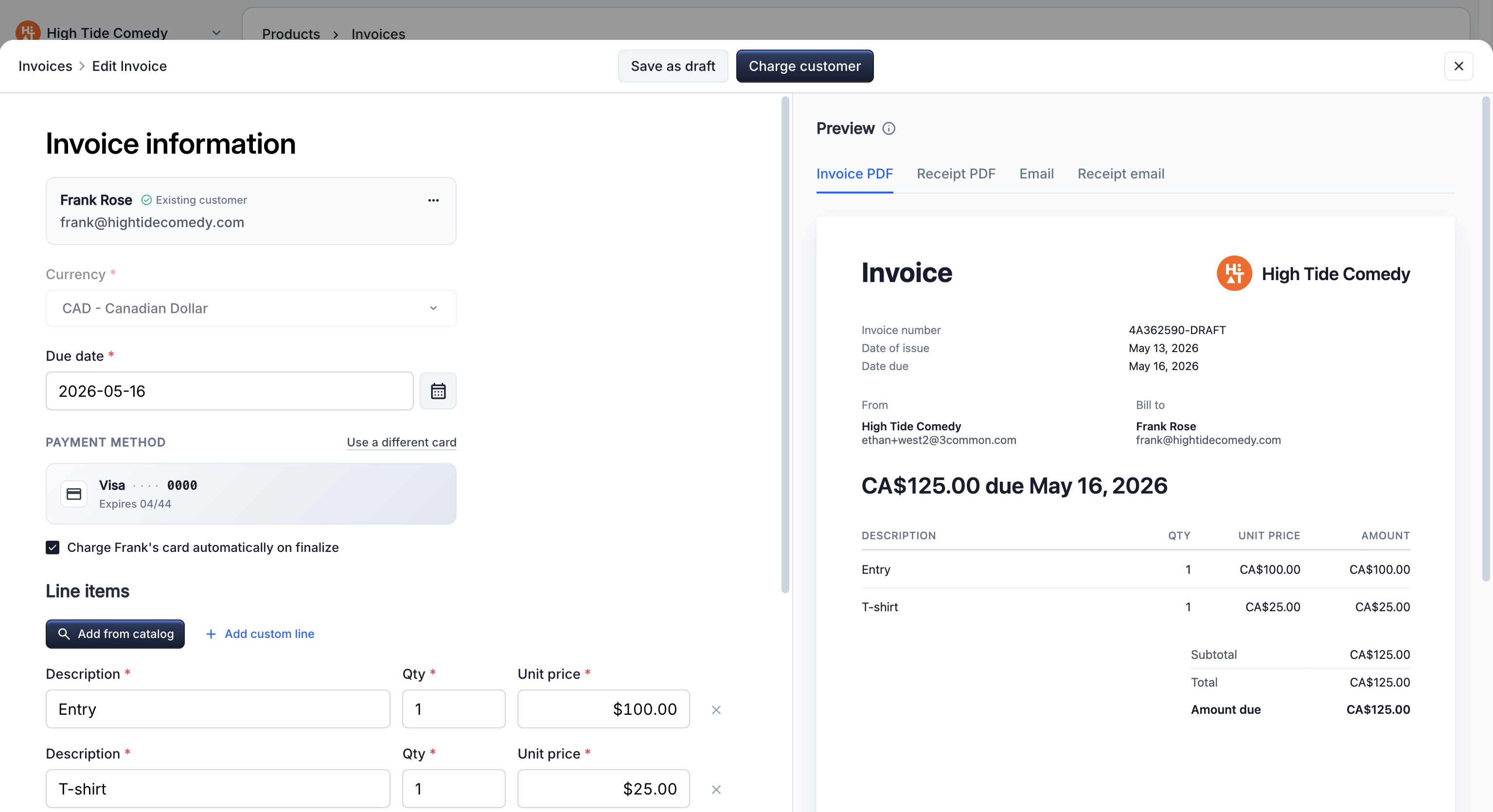 Invoice creation drawer in full