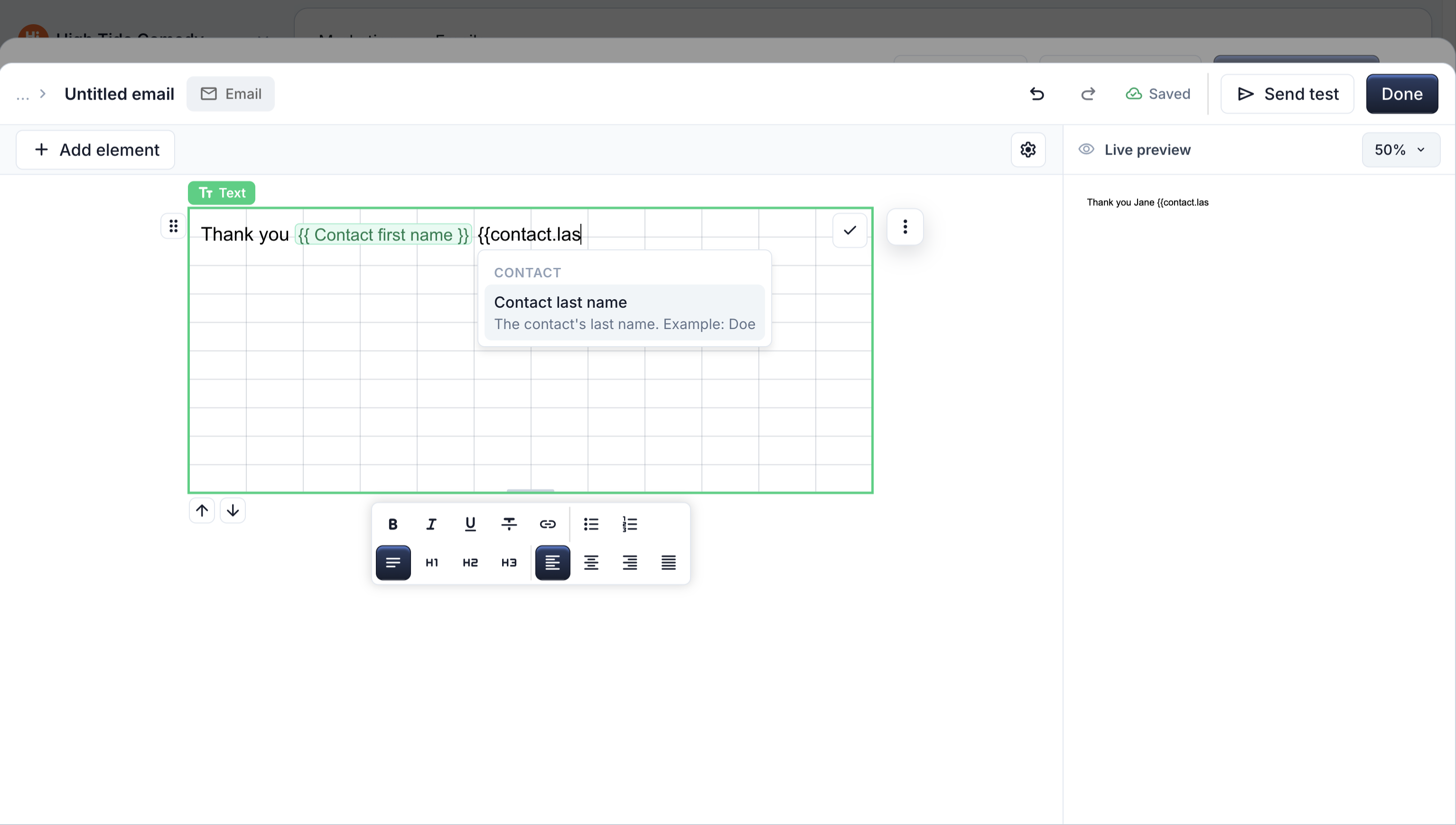Smart value menu open in the email editor showing contact tokens