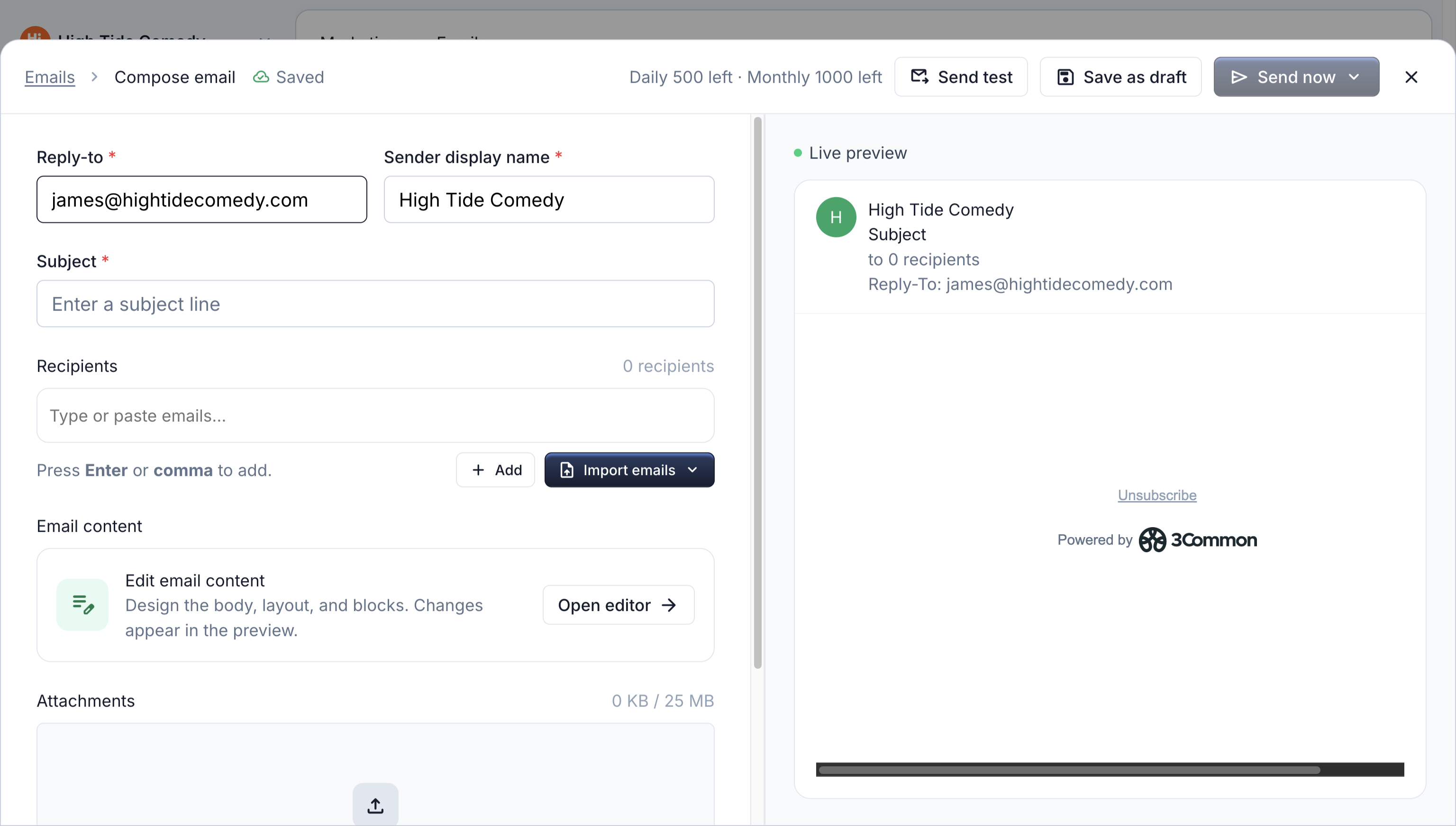 Email composer with the form on the left and the live inbox preview on the right