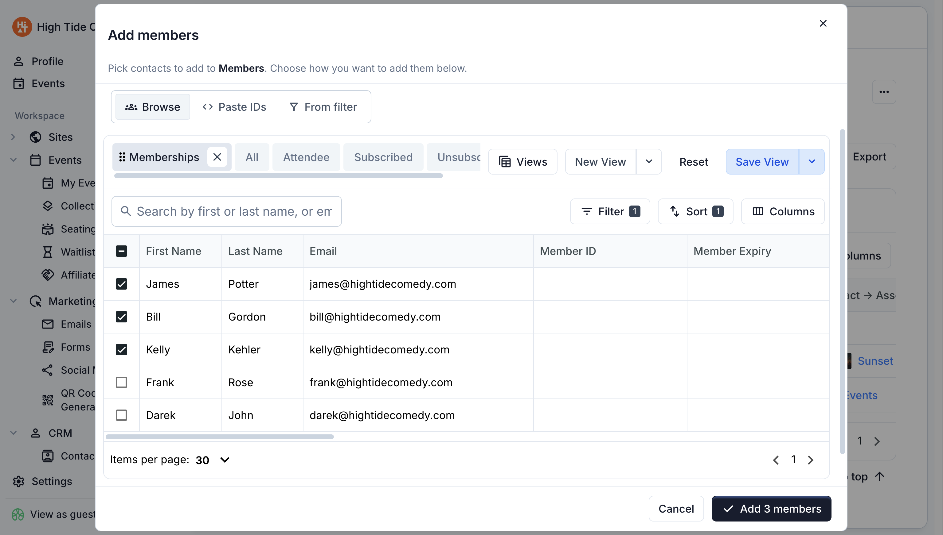 Add members dialog on a static segment showing the Browse, Paste IDs, and From filter tabs