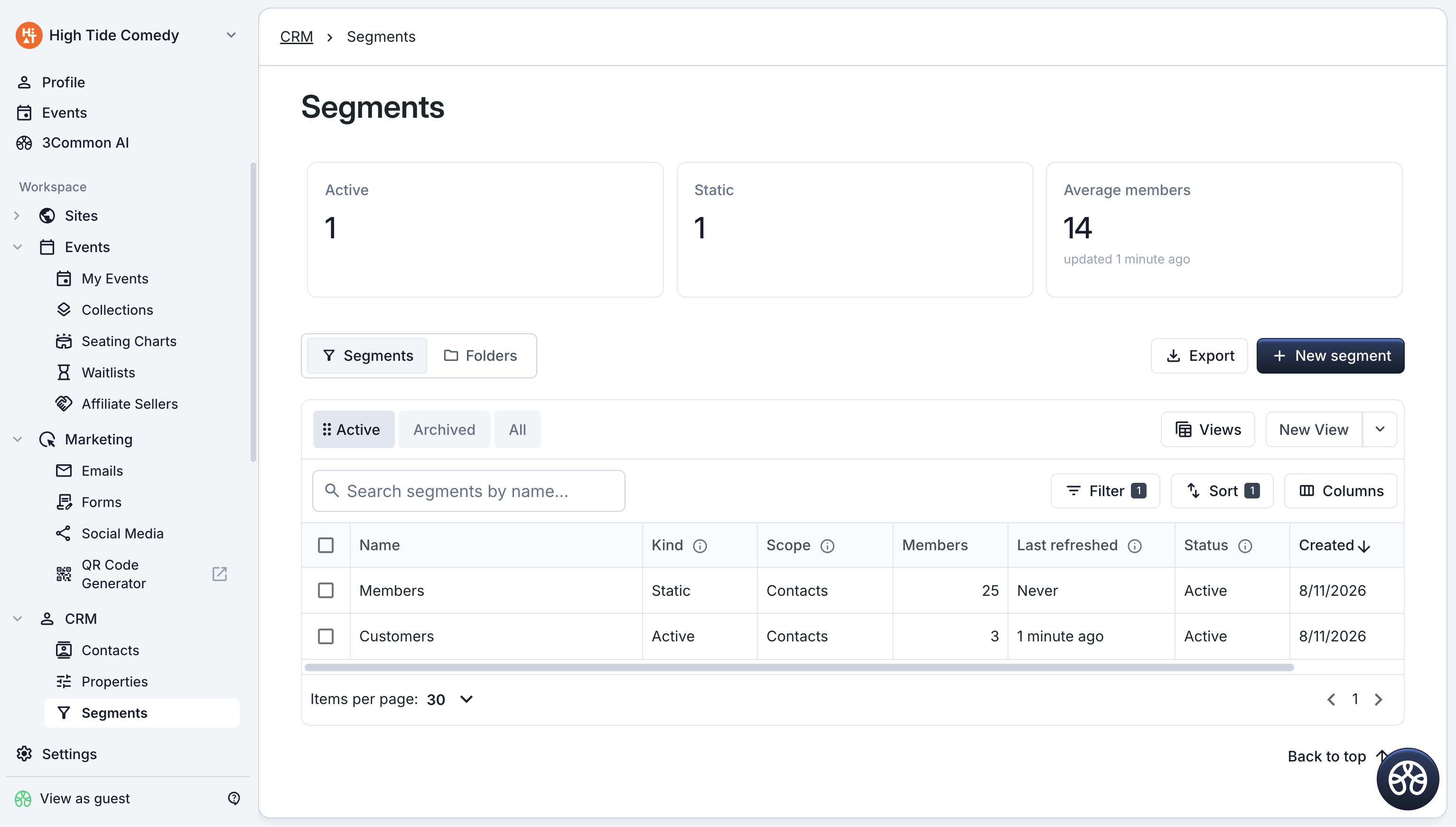 Active segment detail page showing the member count, Refresh button, and tabs