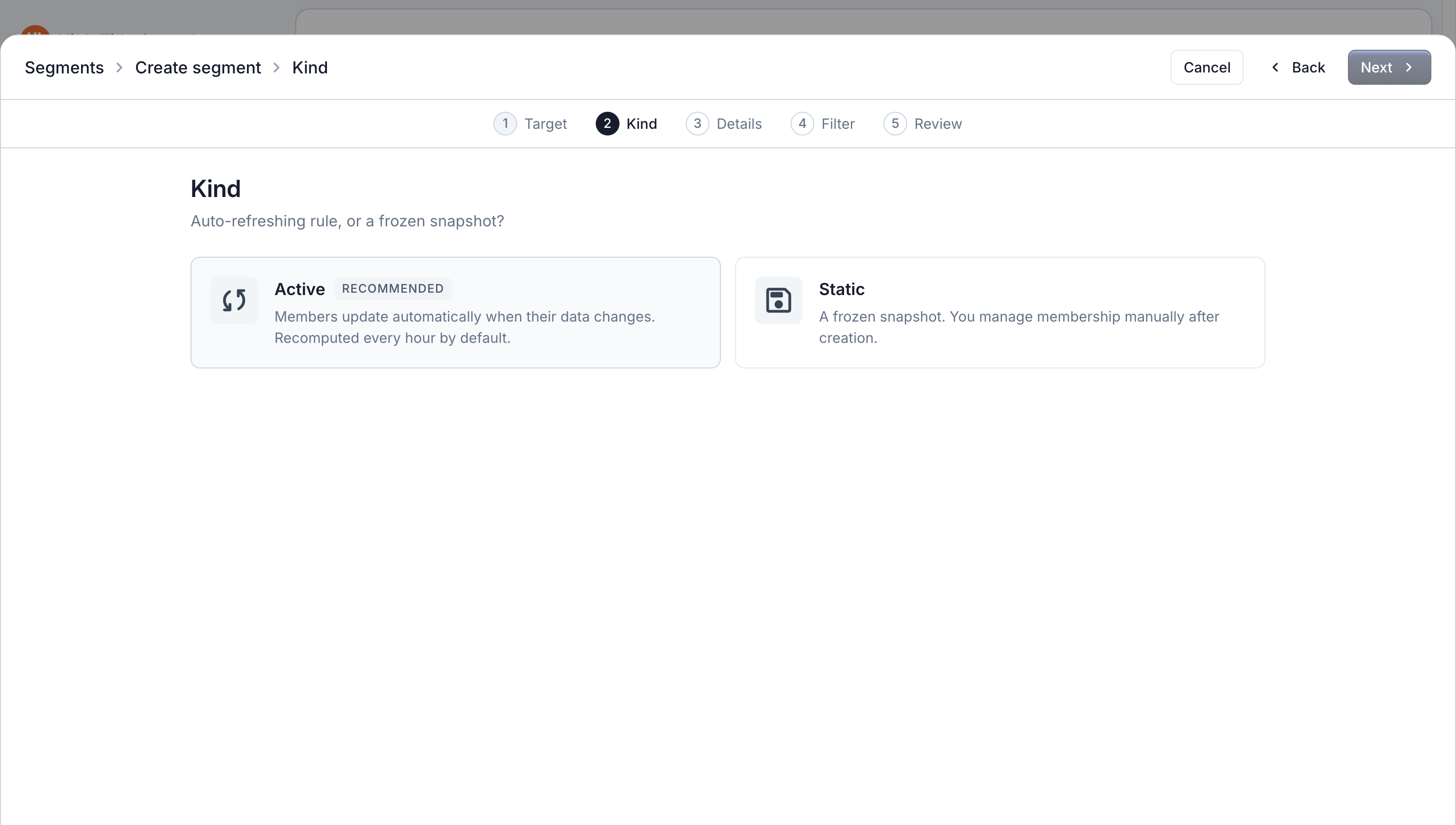 Create segment wizard on the Kind step, showing the Active and Static cards