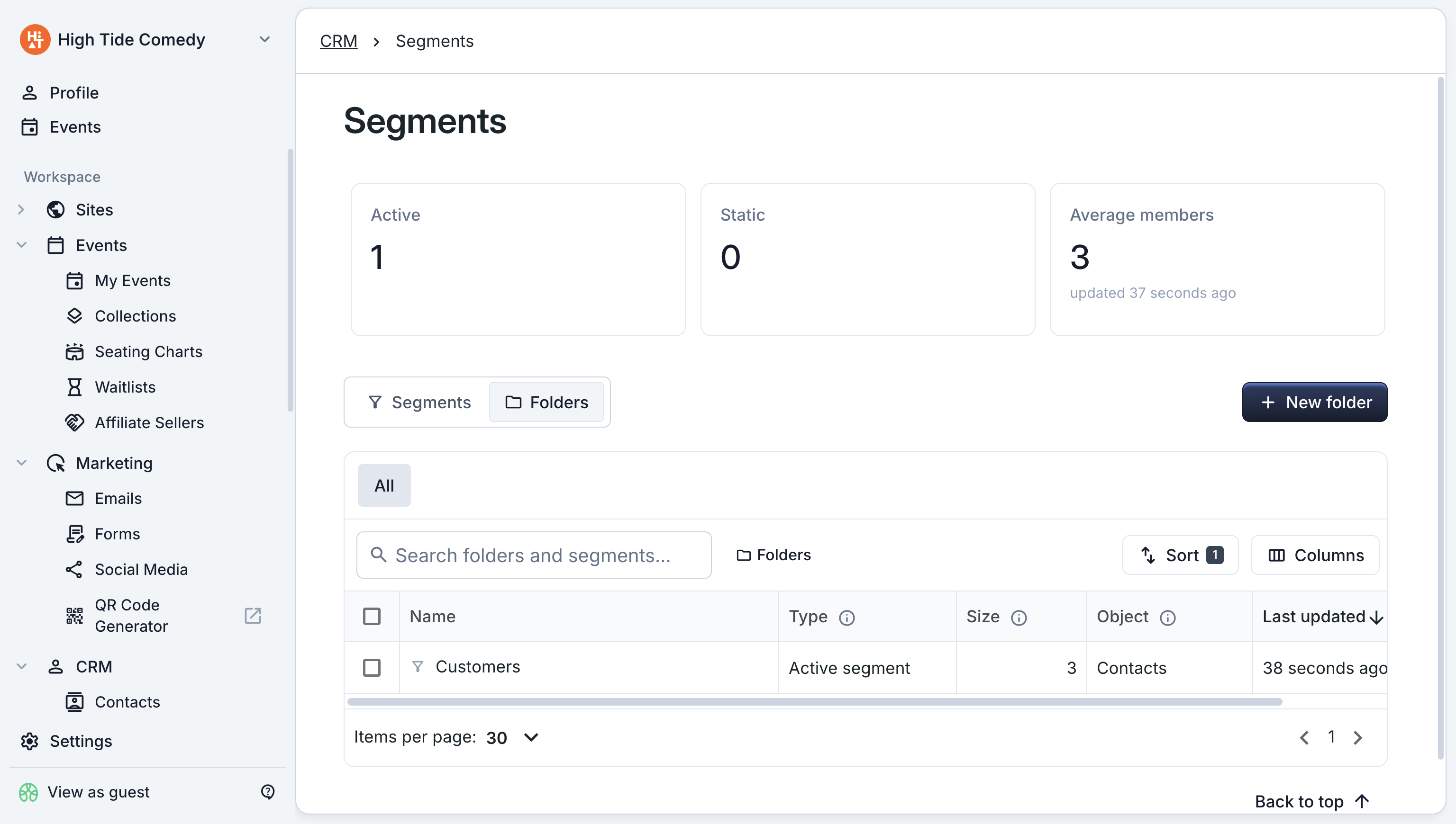 Folders view of the segments dashboard showing nested folders and segments