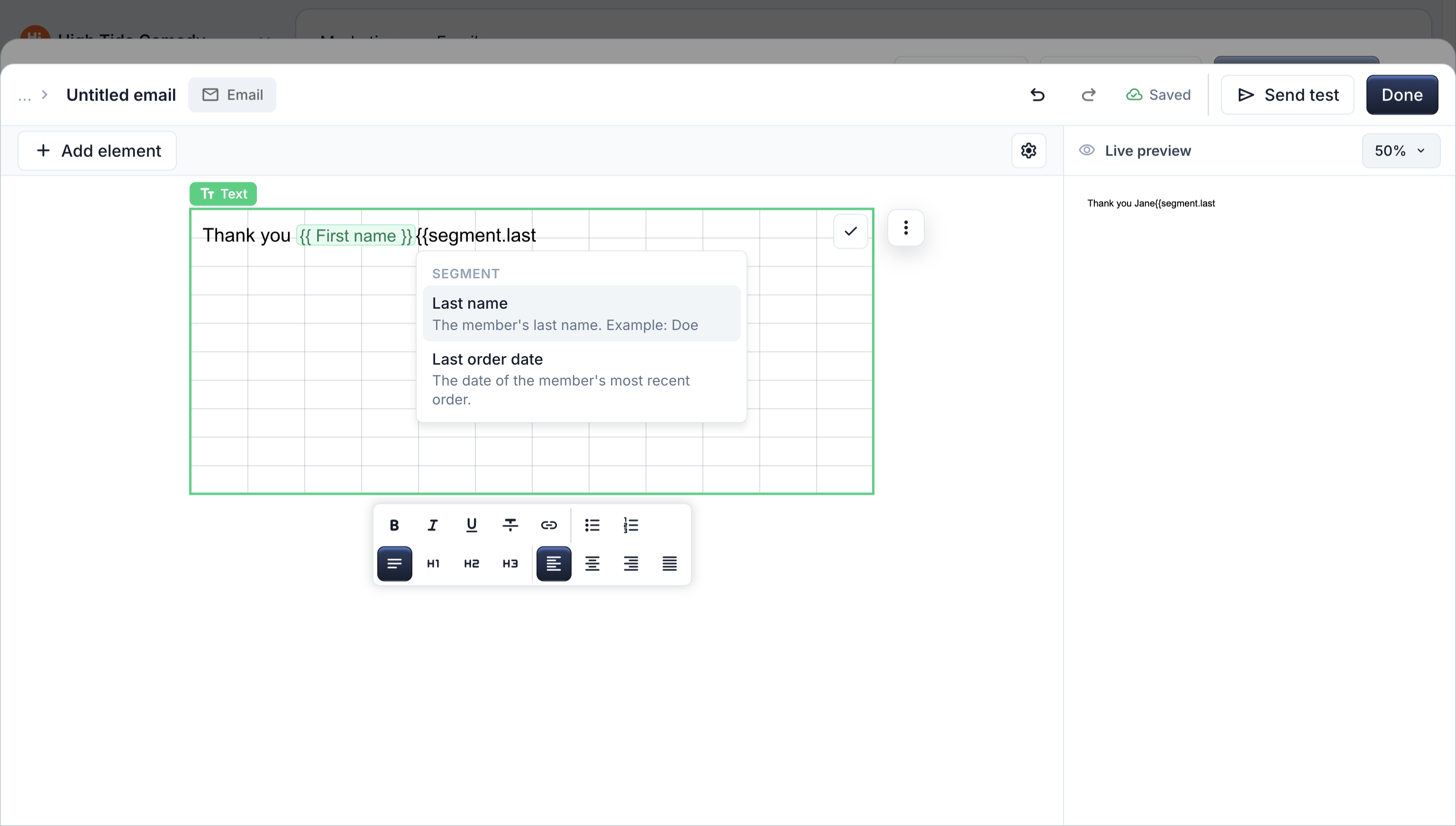 Smart value menu in the email editor showing the Segment token group