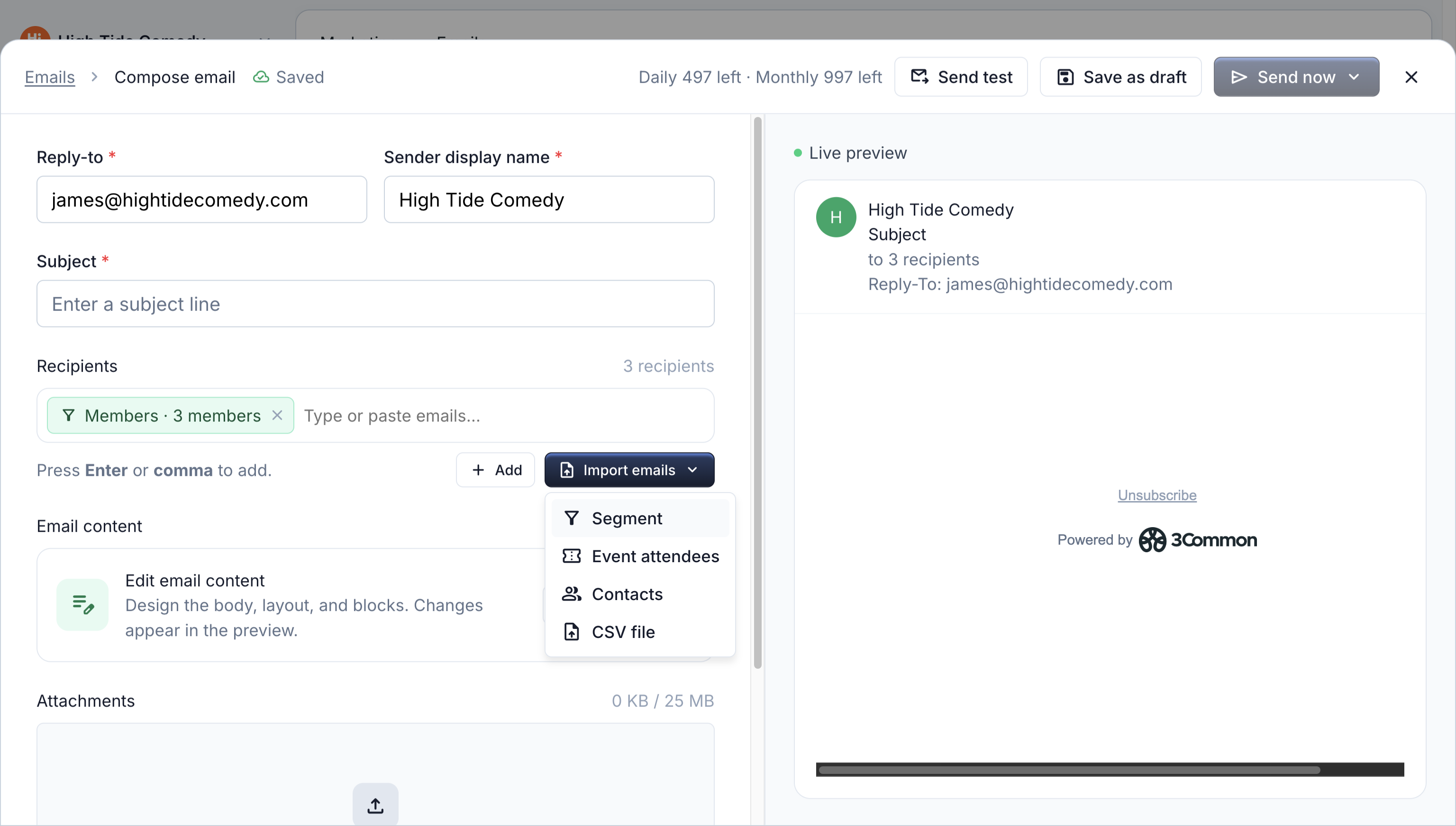 Send to a segment dialog in the email composer with a list of segments and member counts