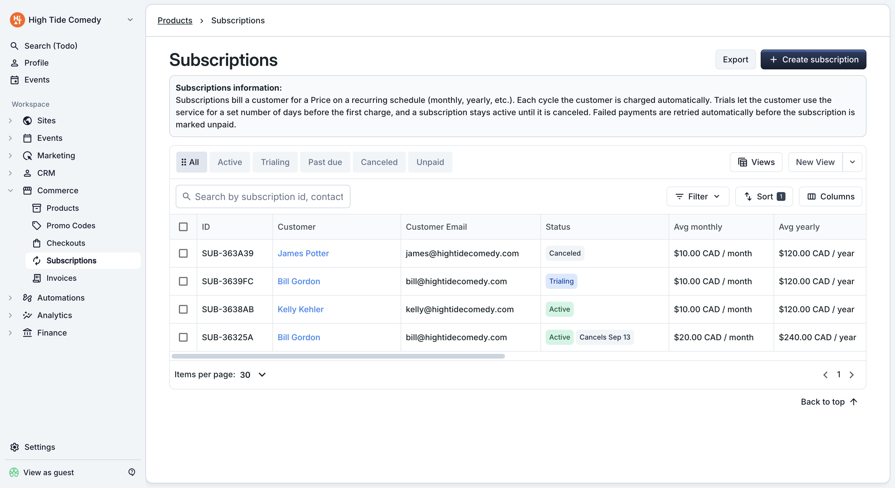 Subscriptions dashboard