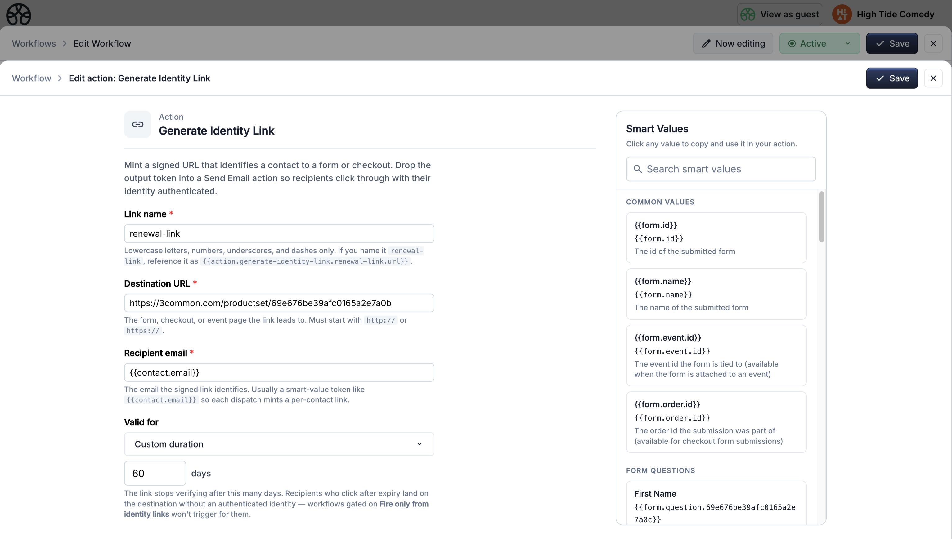 Generate Identity Link action edit drawer with Name, Target URL, Recipient email, and TTL days filled in