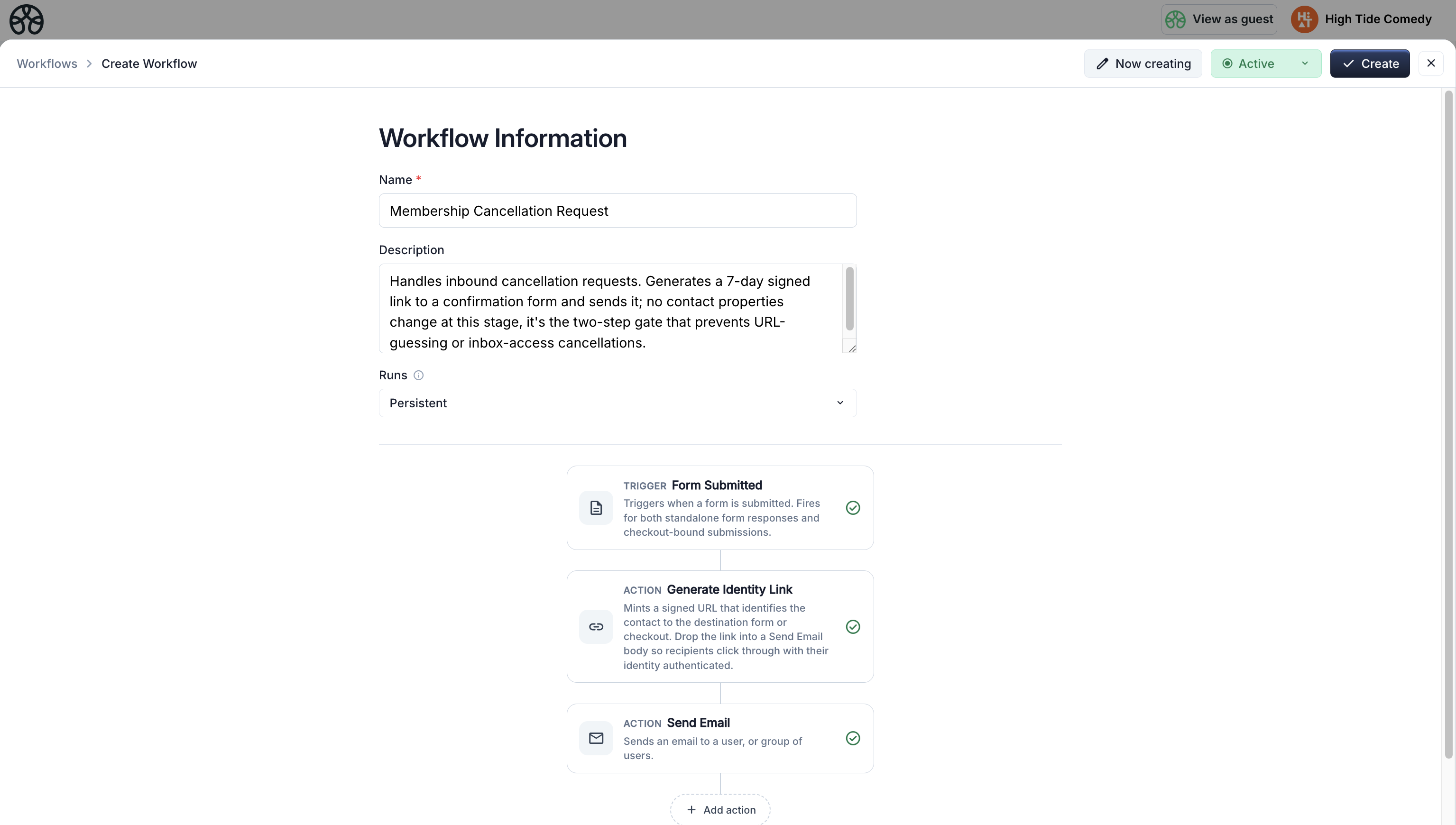 Cancellation Request workflow: Intake form submitted → Generate Identity Link (cancel-confirm, TTL=7) → Send confirmation email