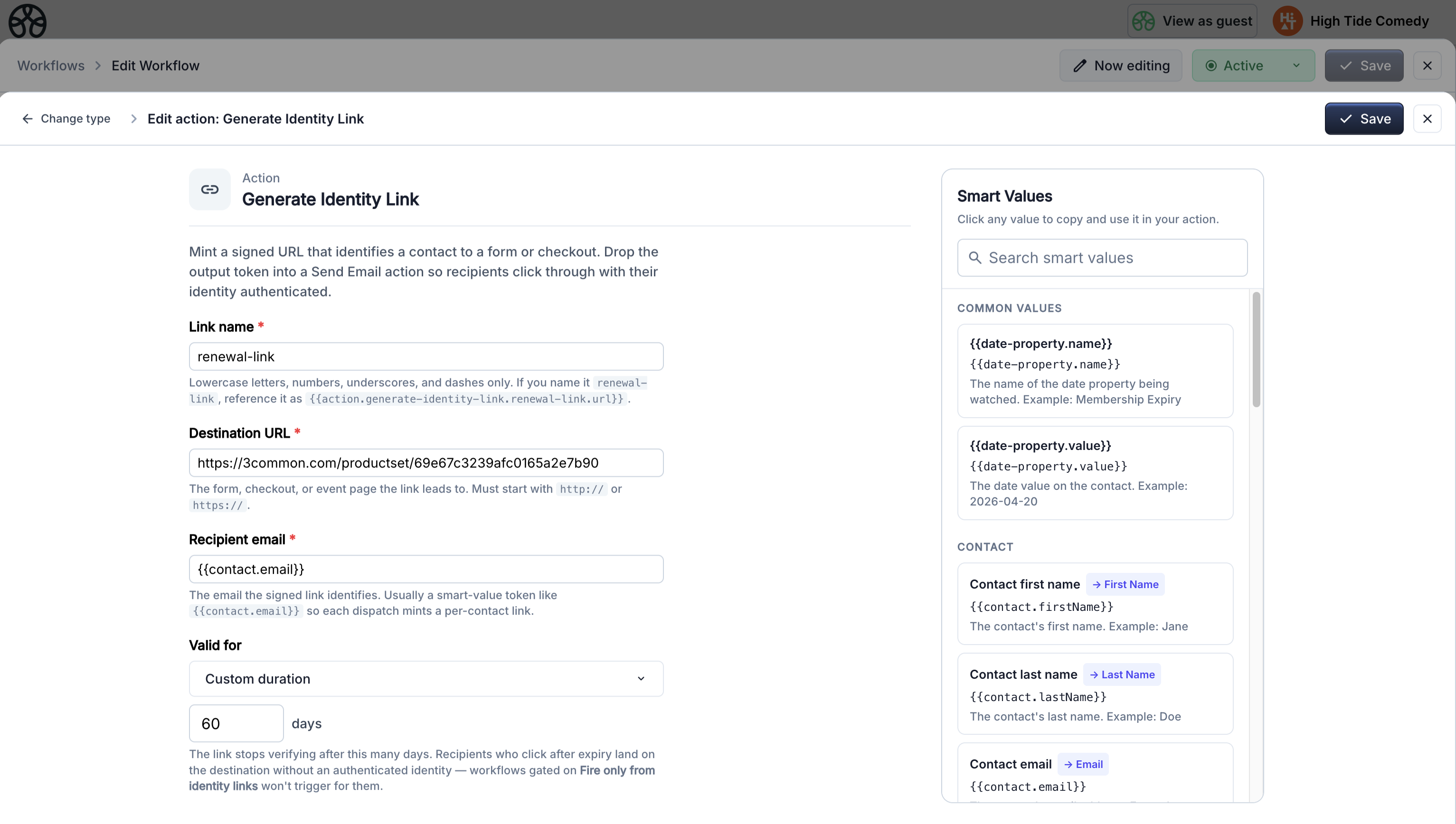 Generate Identity Link action configured for membership renewal: Name=renewal-link, Target URL=renewal checkout, Recipient={{contact.email}}, TTL=60
