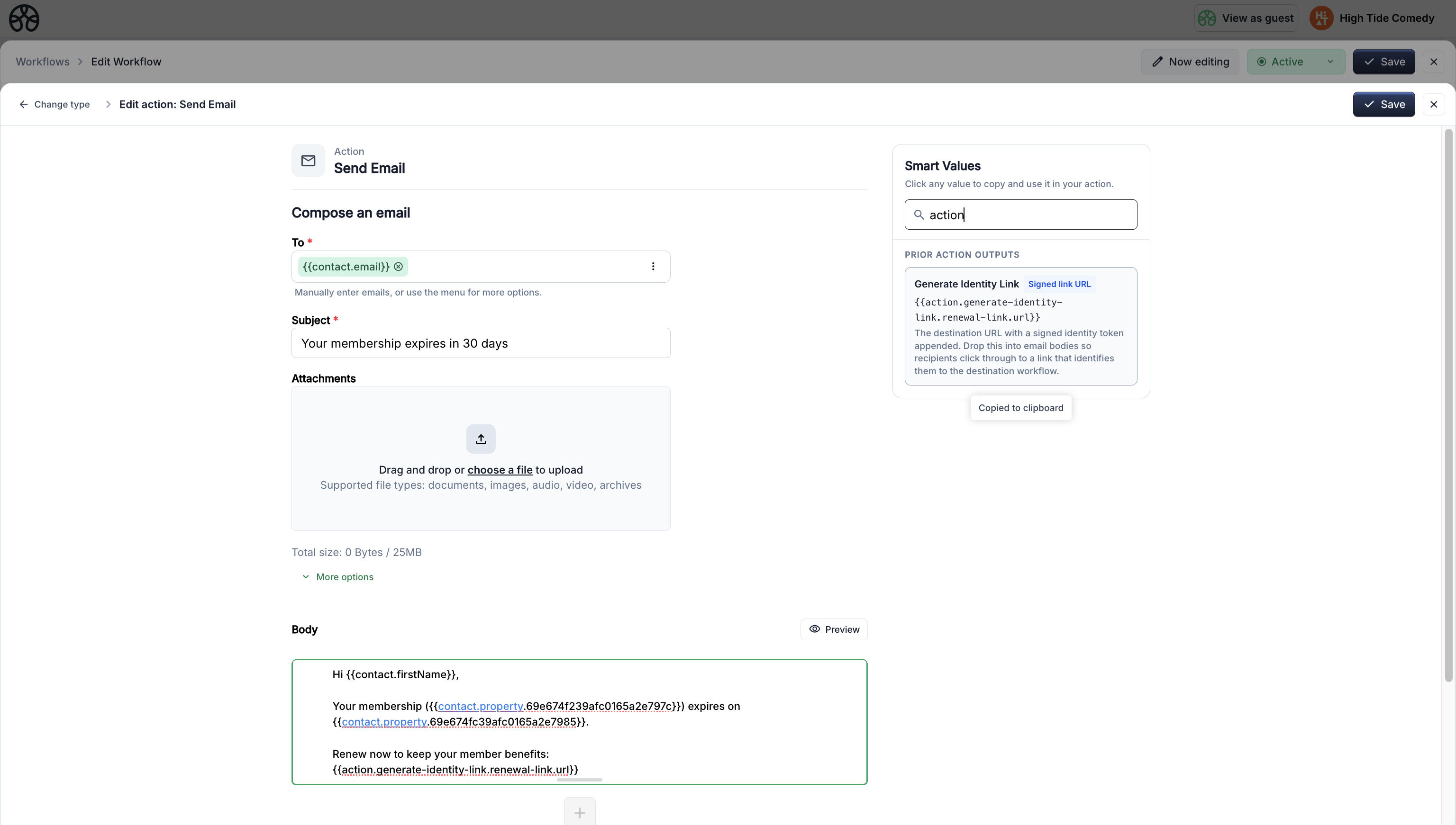 Renewal reminder email preview with "Renew now" link pointing to the signed URL (?t=... token visible)