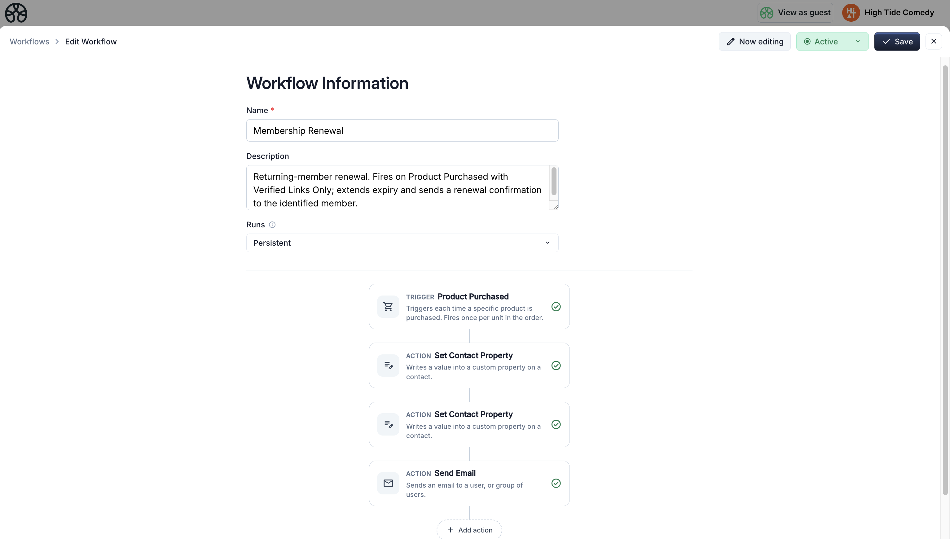 Complete Membership Renewal workflow: Product Purchased (Verified Only) → Extend Expiry → Reactivate Status → Send Email, all keyed to {{signed.identity.email}}