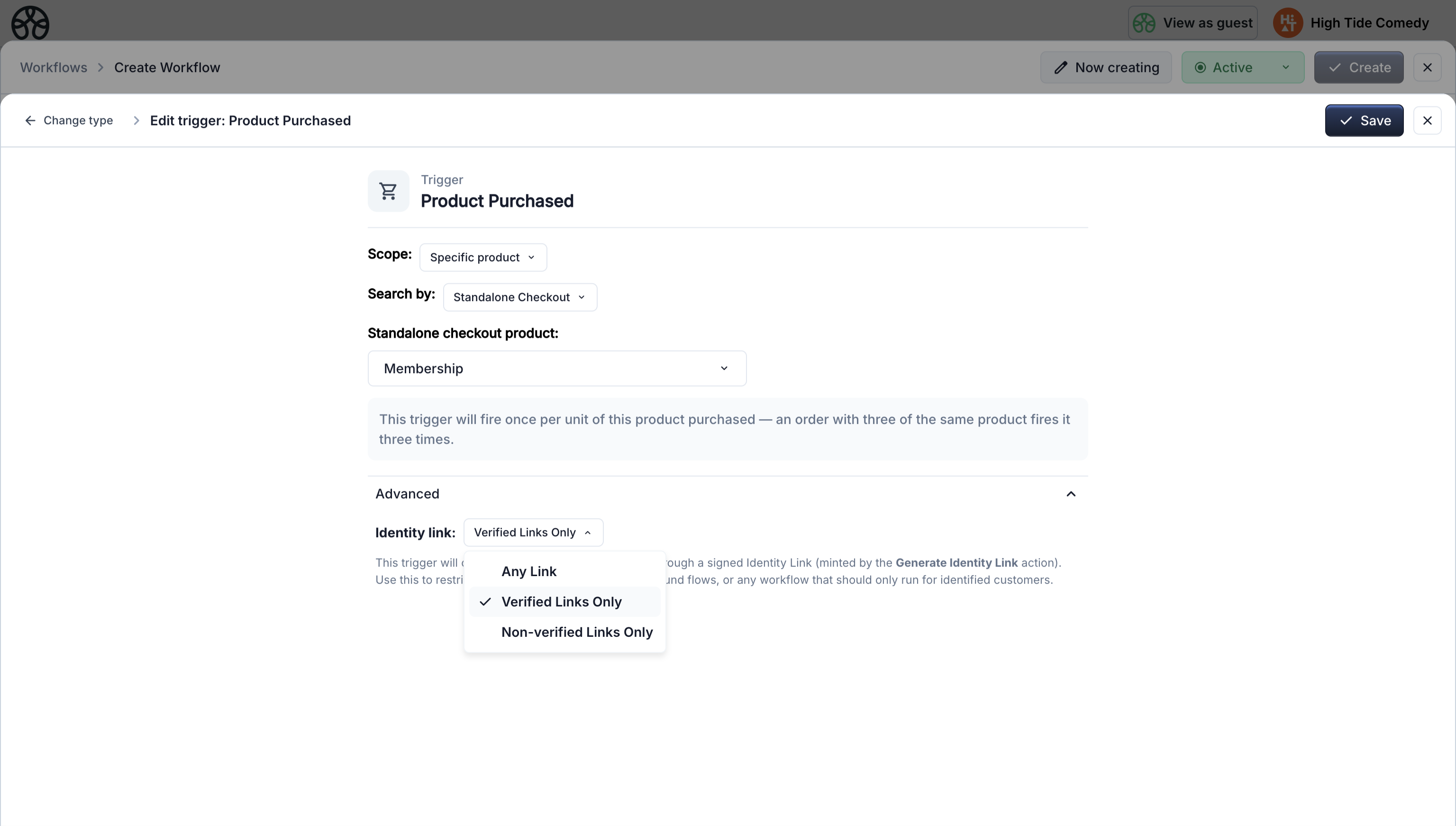 Product Purchased trigger with Specific product selected and Advanced → Identity link set to "Verified Links Only"